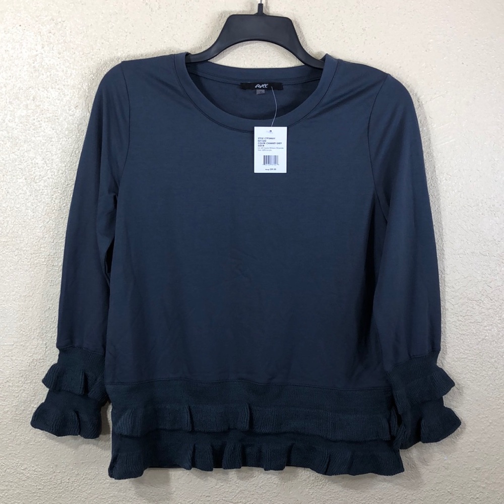 Avec Knit TopSweater Chimney Grey NWT S Pullover Stretchy Ruffle  Hem Rayon